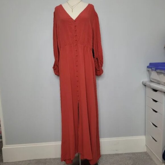 Eloquii Strappy Plunge Back Button Front Orange Long Sleeve Plus Maxi Dress 14 - Picture 3 of 13